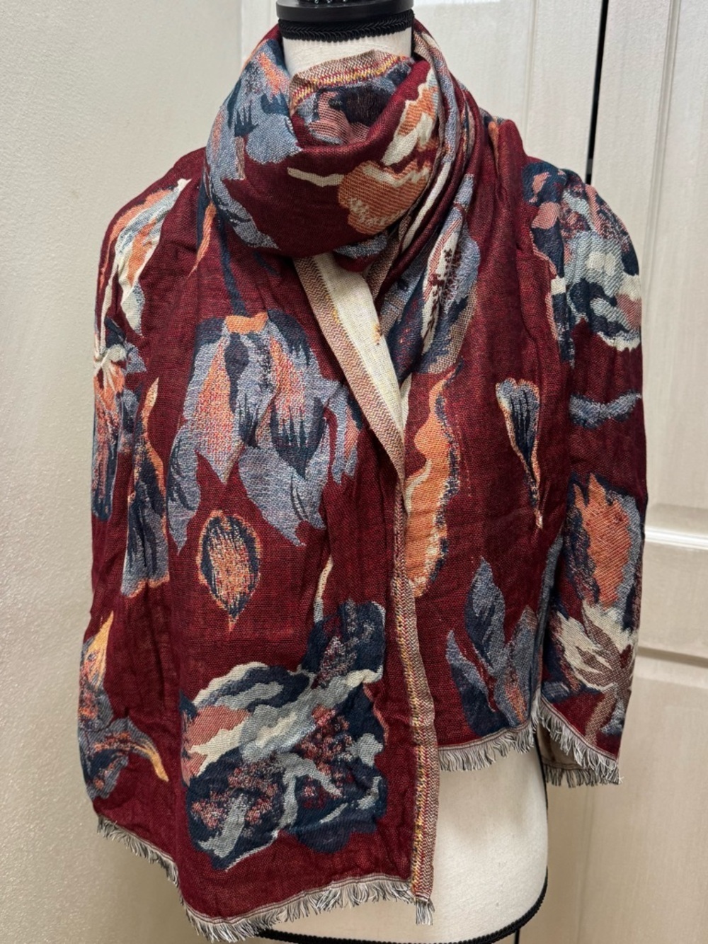 Elizabeth Gillett Tulip-Jacquard-Red 28”x70” Reversible Viscose Scarf Wrap